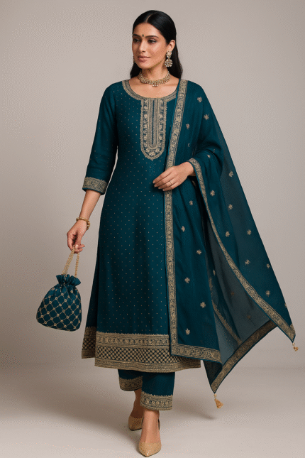 Peacock Green Zari Work Silk Suit With Potli