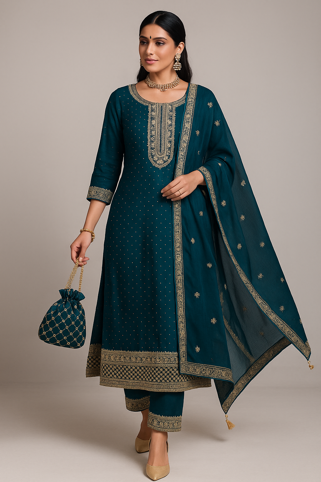 1 (1) Peacock Green Zari Work Silk Suit With Potli - Image 1