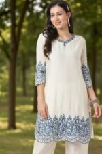 Shripali Floral Resham Embroidered V-Neck Chanderi Silk Tunic with Trouser - Image 3