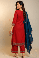 Shripali Red Coloured Heavy Embroidered  Jacquard Silk Suit with Teal Coloured Contrast Dupatta - Image 7