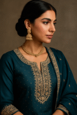 Peacock Green Zari Work Silk Suit With Potli - Image 5