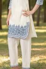 Shripali Floral Resham Embroidered V-Neck Chanderi Silk Tunic with Trouser - Image 6