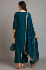 Peacock Green Zari Work Silk Suit With Potli - Image 6