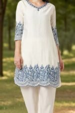 Shripali Floral Resham Embroidered V-Neck Chanderi Silk Tunic with Trouser - Image 8