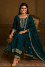Peacock Green Zari Work Silk Suit With Potli - Image 2