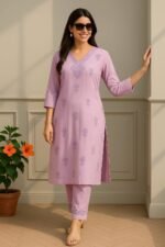 Shripali Lavender Heavy Chikankari Kurta Plazzo with Crochet Lace Work - Image 5