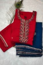 Shripali Red Coloured Heavy Embroidered  Jacquard Silk Suit with Teal Coloured Contrast Dupatta - Image 2