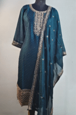 Peacock Green Zari Work Silk Suit With Potli - Image 3