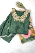 Shripali Rich Dark Green Hand Embroidered Silk Dhoti Pant Suit with Floral Organza Dupatta - Image 2
