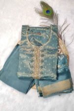 Shripali Grey & Golden Shimmer Jacquard Silk Suit with Hand Embroidery - Image 2