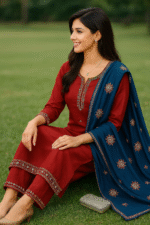 Shripali Red Coloured Heavy Embroidered  Jacquard Silk Suit with Teal Coloured Contrast Dupatta - Image 3