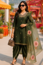 Shripali Rich Dark Green Hand Embroidered Silk Dhoti Pant Suit with Floral Organza Dupatta - Image 3