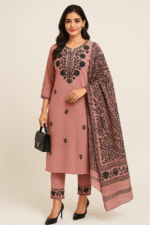 Shripali Pink Pure Khadi Cotton Kurta with Embroidery and Digital Print Cotton Dupatta - Image 2