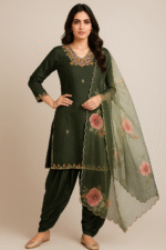 Shripali Rich Dark Green Hand Embroidered Silk Dhoti Pant Suit with Floral Organza Dupatta