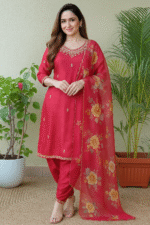 Shripali Maroon Sequinned Dhotipant Suit with Floral Organza Dupatta - Image 3