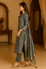 Shripali Grey & Golden Shimmer Jacquard Silk Suit with Hand Embroidery - Image 6