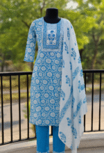 Shripali Blue Colour Pure Mulmul Cotton Suit Hand Embroidered with Digital Print Pure Cotton Dupatta - Image 6