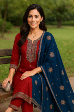 Shripali Red Coloured Heavy Embroidered  Jacquard Silk Suit with Teal Coloured Contrast Dupatta