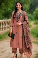 Shripali Pink Pure Khadi Cotton Kurta with Embroidery and Digital Print Cotton Dupatta - Image 6