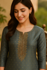 Shripali Grey & Golden Shimmer Jacquard Silk Suit with Hand Embroidery - Image 3