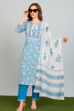 Shripali Blue Colour Pure Mulmul Cotton Suit Hand Embroidered with Digital Print Pure Cotton Dupatta - Image 2