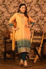 Shripali Mustard Chinon Silk Bandhej Suit With Heavy Zari And Thread Embroidery