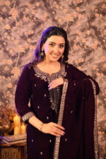 Shripali Wine Velvet 3Pc Kurta Set With Hand Embroidery Zari And Sequins Work - Image 5