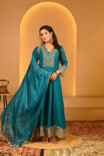 Shripali Rama Teal Anarkali 3 Pc Suit With Zari And Sequins Embroidery