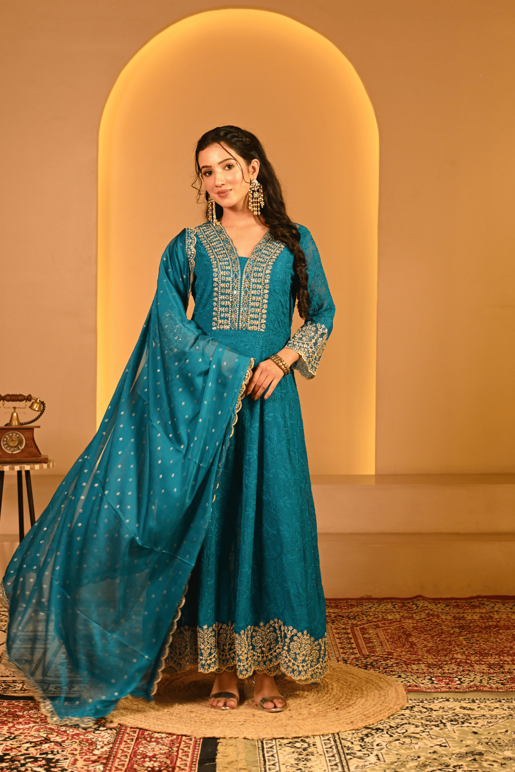 1 Shripali Rama Teal Anarkali 3 Pc Suit With Zari And Sequins Embroidery - Image 1