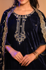 Shripali Navy Blue Velvet 3Pc Suit With Hand Embroidered Zari And Sequins Work With Designer Emblished Work Dupatta - Image 5