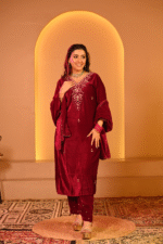 Shripali Royal Pink Velvet Zari Embroidered 3 Pc Suit - Image 2