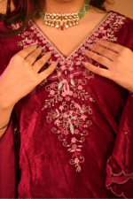 Shripali Royal Pink Velvet Zari Embroidered 3 Pc Suit - Image 4