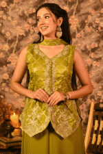 Shripali Designer Olive Green Banarsi Style Sharara Set - Image 2