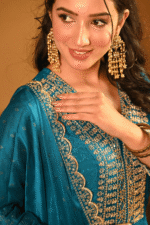 Shripali Rama Teal Anarkali 3 Pc Suit With Zari And Sequins Embroidery - Image 2