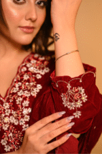 Shripali Deep Maroon Velvet Rouge 3pc Suit With Motifs, Thread ,Zari And Bead Work - Image 2