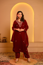 Shripali Deep Maroon Velvet Rouge 3pc Suit With Motifs, Thread ,Zari And Bead Work