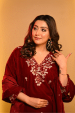 Shripali Deep Maroon Velvet Rouge 3pc Suit With Motifs, Thread ,Zari And Bead Work - Image 3