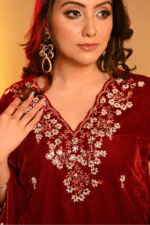 Shripali Deep Maroon Velvet Rouge 3pc Suit With Motifs, Thread ,Zari And Bead Work - Image 4