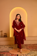 Shripali Deep Maroon Velvet Rouge 3pc Suit With Motifs, Thread ,Zari And Bead Work - Image 5