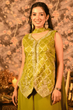 Shripali Designer Olive Green Banarsi Style Sharara Set - Image 3