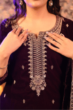 Shripali Wine Velvet 3Pc Kurta Set With Hand Embroidery Zari And Sequins Work - Image 3
