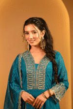 Shripali Rama Teal Anarkali 3 Pc Suit With Zari And Sequins Embroidery - Image 3