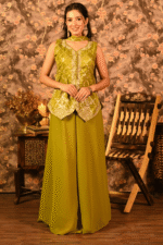 Shripali Designer Olive Green Banarsi Style Sharara Set - Image 4