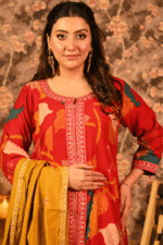 Shripali Chinon Red Mustard Sherwani Style 3 PC Suit - Image 4