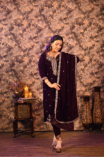 Shripali Wine Velvet 3Pc Kurta Set With Hand Embroidery Zari And Sequins Work - Image 4