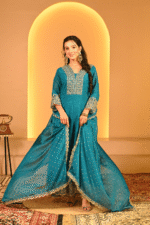 Shripali Rama Teal Anarkali 3 Pc Suit With Zari And Sequins Embroidery - Image 4