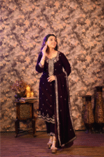 Shripali Wine Velvet 3Pc Kurta Set With Hand Embroidery Zari And Sequins Work - Image 2