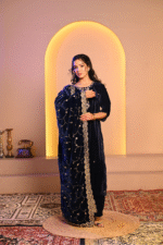 Shripali Navy Blue Velvet 3Pc Suit With Hand Embroidered Zari And Sequins Work With Designer Emblished Work Dupatta - Image 3