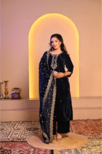 Shripali Navy Blue Velvet 3Pc Suit With Hand Embroidered Zari And Sequins Work With Designer Emblished Work Dupatta