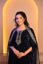 Shripali Navy Blue Velvet 3Pc Suit With Hand Embroidered Zari And Sequins Work With Designer Emblished Work Dupatta - Image 2